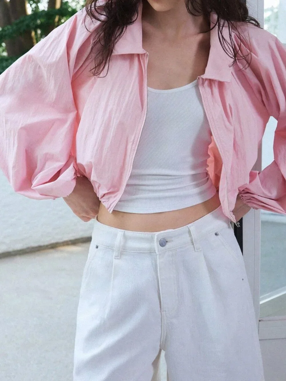 Pink Casual Women's Zip-Up Pleated Versatile Lightweight Jacket